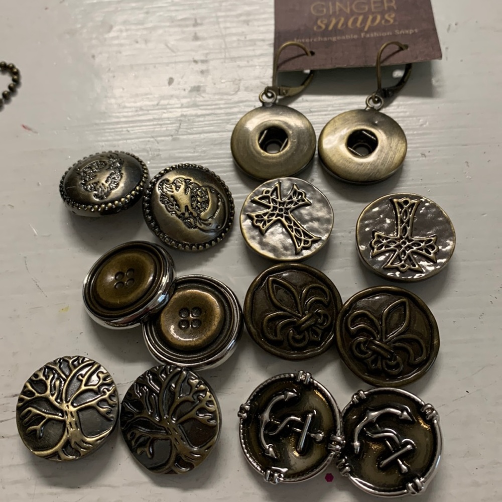 One pair leverback earrings with 6 pair matched snap buttons in brass NWT